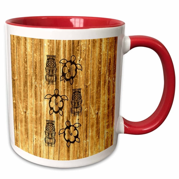 3drose, Honu Sea Turtles and Hawaiian Tiki Statues Island Design., 15oz Two-tone Red Mug