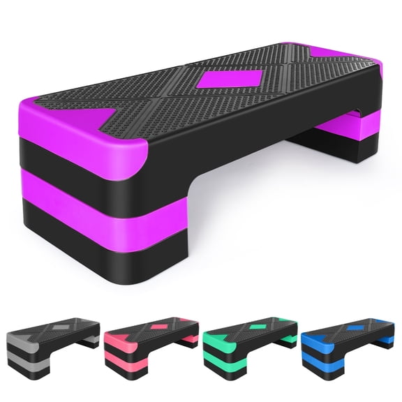 HooKung 27in Aerobic Step Platform with 4 Risers Adjustable Exercise Fitness Workout Stepper,Black and Purple