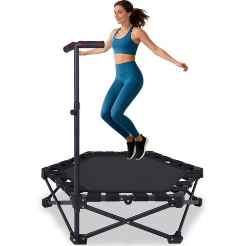 HooKung 37" Foldable Mini Trampoline, One-Step Fold & Open, Rebounder Trampoline for Adults, 330lbs Max Load, 3-Level Adjustable T-Bar, Indoor & Outdoor Workout