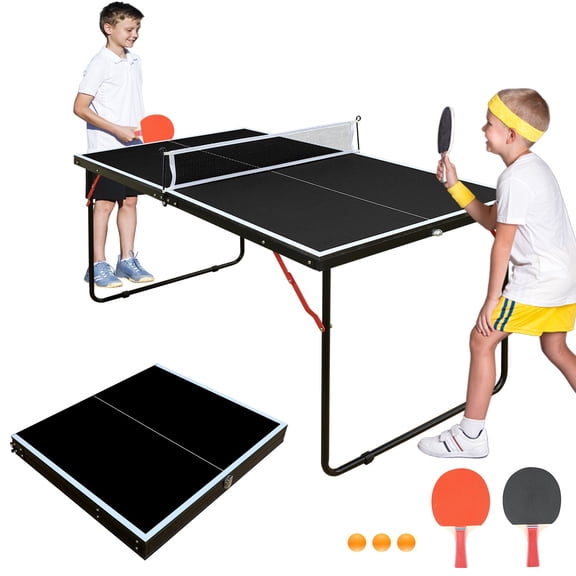 HooKung 4.5ft Portable Ping Pong Table, Foldable Small Table Tennis Table Set with Accessories, Indoor Outdoor Game for Kids Teen