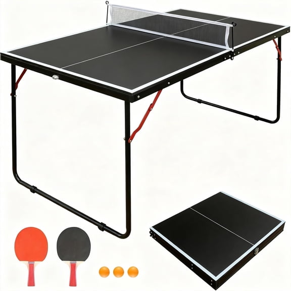 HooKung 4.5ft Portable Ping Pong Table Foldable Table Tennis Table with Net Paddles Balls, Compact Indoor Outdoor Family Game Tables for Kid Teenager, Multi-Use Free Standing Game Table
