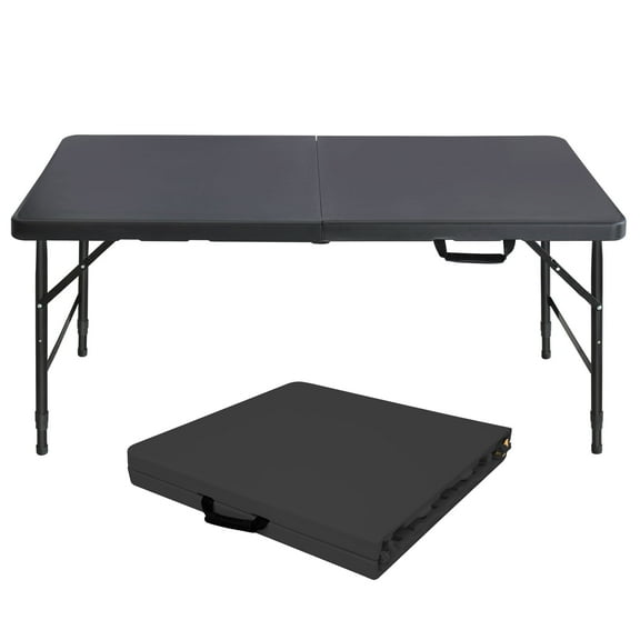 HooKung 4 FT Folding Table with Carry Handle, Portable Fold-in-Half Plastic Table, Rectangle Foldable Table for Indoor/Outdoor Black