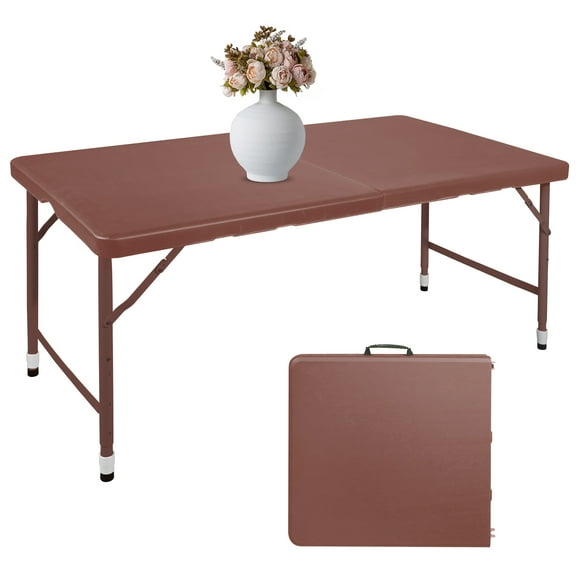 HooKung 4 FT Folding Table with Carry Handle, Portable Fold-in-Half Plastic Table, Rectangle Foldable Table for Indoor/Outdoor Brown