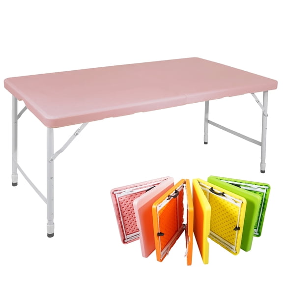 HooKung 4 FT Folding Table with Carry Handle, Portable Fold-in-Half Plastic Table, Rectangle Foldable Table for Indoor/Outdoor Pink