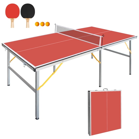 HooKung 6FT 72''x36'' Ping Pong Table Foldable Midsize Table Tennis Table with Net, Paddles and Balls, MDF Multi-Use Family Game Table Assembly Free for Kid Teenager Adult, Compact & Portable