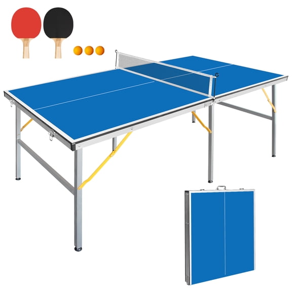 HooKung 6FT 72''x36'' Ping Pong Table Foldable Midsize Table Tennis Table with Net, Paddles and Balls, MDF Multi-Use Family Game Table Assembly Free for Kid Teenager Adult, Compact & Portable