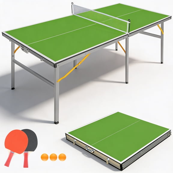 HooKung 6FT 72''x36'' Ping Pong Table Foldable Midsize Table Tennis Table with Net, Paddles and Balls, MDF Multi-Use Family Game Table Assembly Free for Kid Teenager Adult, Compact & Portable