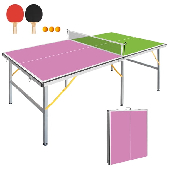 HooKung 6FT 72''x36'' Ping Pong Table Foldable Midsize Table Tennis Table with Net, Paddles and Balls, MDF Multi-Use Family Game Table Assembly Free for Kid Teenager Adult, Compact & Portable