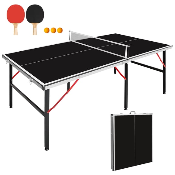 HooKung 6FT 72''x36'' Ping Pong Table Foldable Midsize Table Tennis Table with Net, Paddles and Balls, MDF Multi-Use Family Game Table Assembly Free for Kid Teenager Adult, Compact & Portable