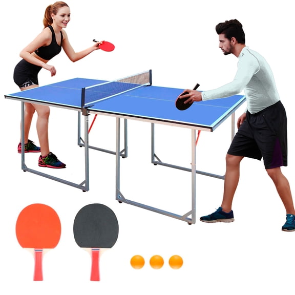 HooKung 6FT Mid-Size Table Tennis Table, Foldable & Portable Ping Pong Table Set for Indoor & Outdoor Games with Net, 2 Table Tennis Paddles and 3 Balls