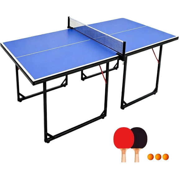 HooKung 6FT Mid-Size Table Tennis Table, Foldable & Portable Ping Pong Table Set for Indoor & Outdoor Games with Net, 2 Table Tennis Paddles and 3 Balls