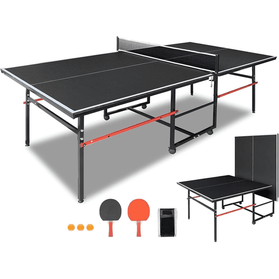 HooKung 9ft Foldable Ping Pong Table, Profession Portable Table Tennis Table Set with 2 Paddles and 3 Balls for Indoor Outdoor Games