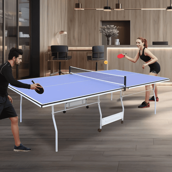 HooKung 9ft Mid-Size Table Tennis Table, Foldable Ping Pong Table sets, 0.5'' Thick for Indoor with Net, 2 Table Tennis Paddles and 3 Balls
