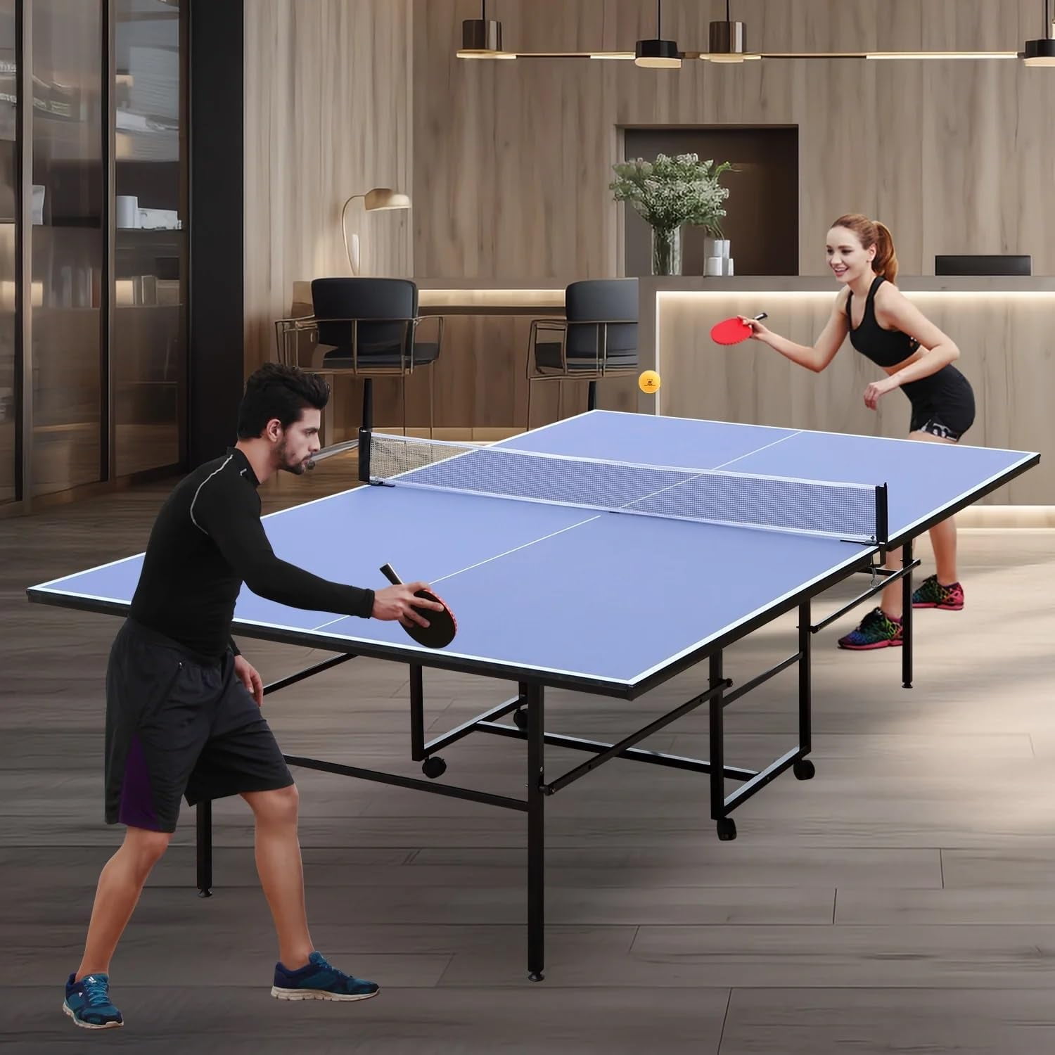 HooKung 9ft Mid-Size Table Tennis Table, Foldable Ping Pong Table sets, 0.5'' Thick for Indoor with Net, 2 Table Tennis Paddles and 3 Balls
