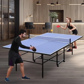 HooKung 9ft Mid-Size Table Tennis Table, Foldable Ping Pong Table sets, 0.5'' Thick for Indoor with Net, 2 Table Tennis Paddles and 3 Balls