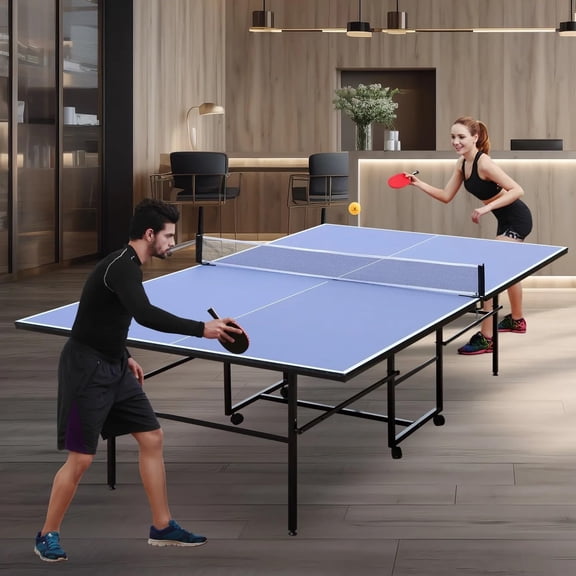 HooKung 9ft Mid-Size Table Tennis Table, Foldable Ping Pong Table sets, 0.5'' Thick for Indoor with Net, 2 Table Tennis Paddles and 3 Balls