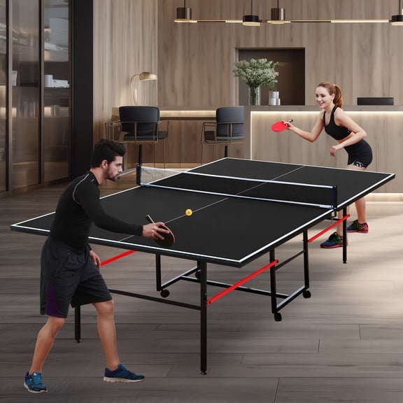 HooKung 9ft Table Tennis Table Foldable, Profession Portable Ping Pong Table Set with 2 Paddles and 3 Balls for Indoor Outdoor Games