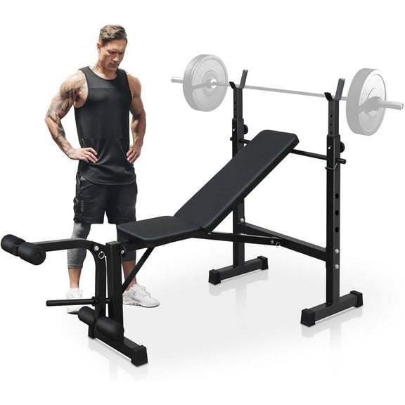 HooKung Adjustable Weight Bench 330lbs Foldable Workout Bench Set with Rack and Leg Extension, Multi-Function Home Gym Full-Body Workout