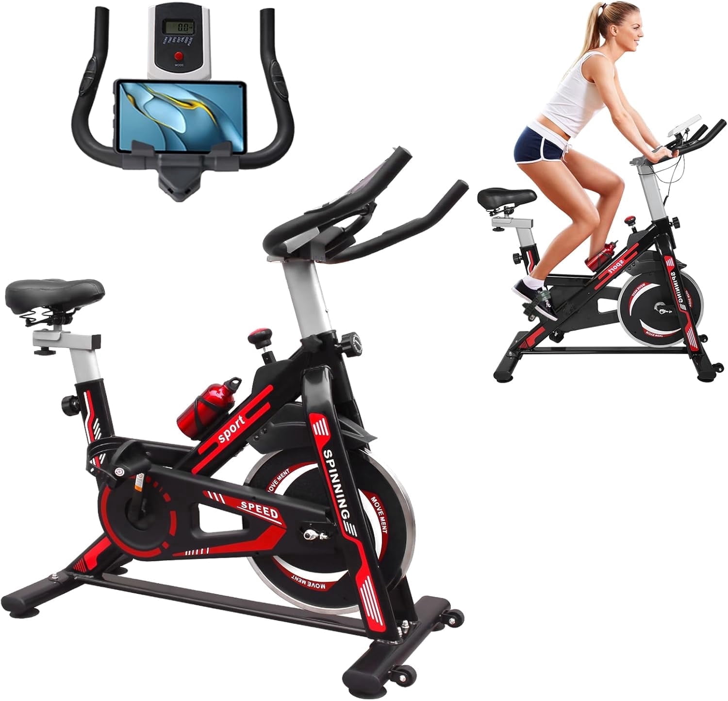 HooKung Exercise Bike Stationary, Resistance Brake Pad Cycling Bicycle for Home Quiet Indoor Cardio Gym,Workout Riding with Tablet Mount,Seat Cushion,Silent Belt Drive,330lbs Weight Capacity