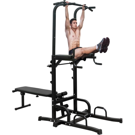 HooKung Power Tower Dip Station with Bench Pull Up Bar Stand Adjustable with Folding Weight Bench Heavy Duty Multi-Function Fitness Training Equipment for Home Office Gym
