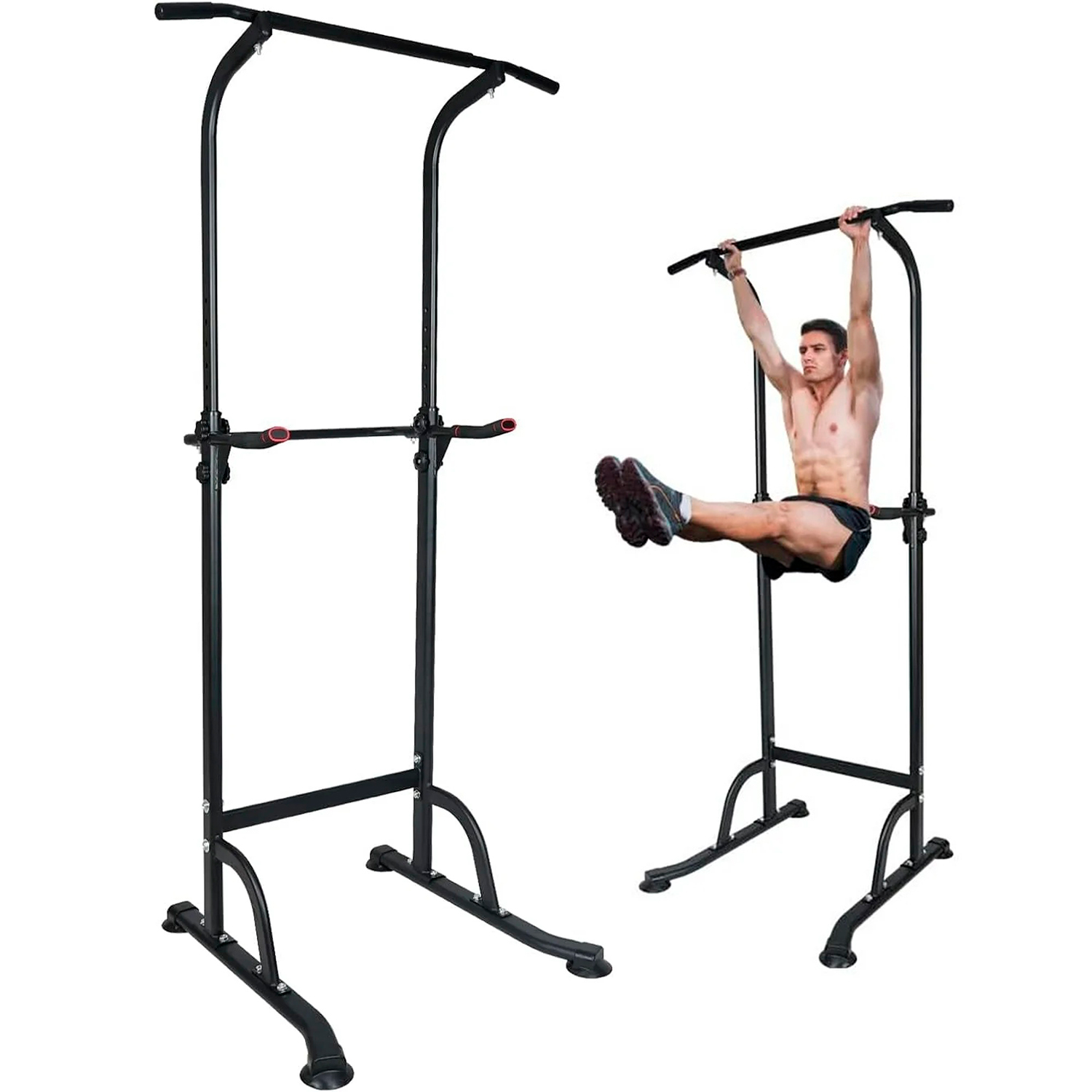 GORNATION Pull-up station, power rack, krachtstation, power tower, optrekstation, fitnesstoren, multitrainer voor thuis (Zwart, Met Dip-Extension Home Gym Mats