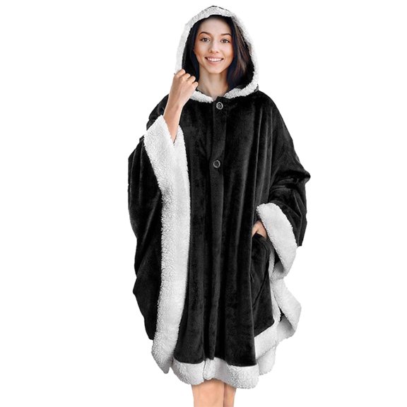 Hood Blanket Robe TeqHome Soft Wearable Blanket Snuggle Robe with Hat 2 Pockets Buttons Black