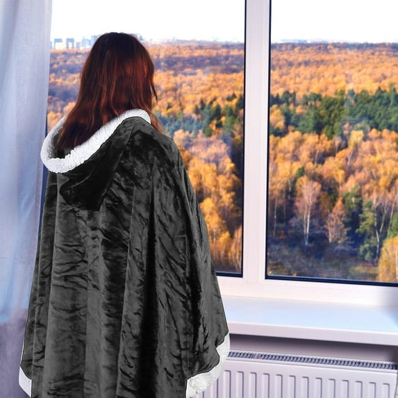 Hood Blanket Robe TeqHome Soft Wearable Blanket Snuggle Robe with Hat 2 Pockets Buttons Grey