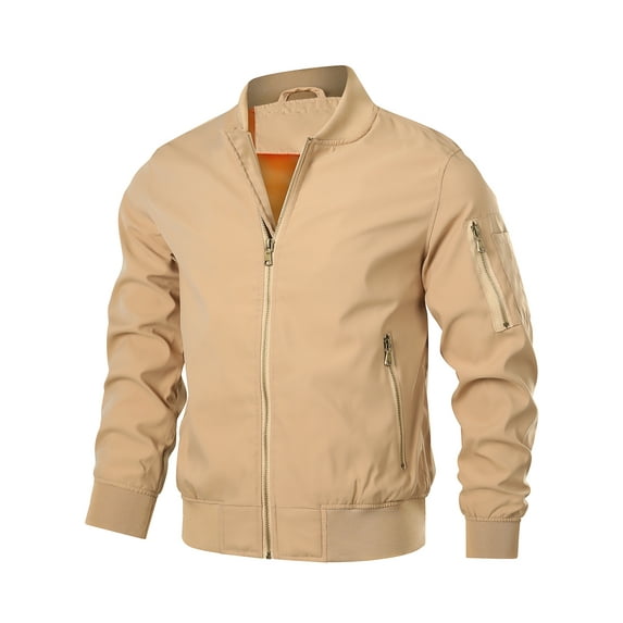 Hood Crew Men's Bomber Jacket Casual Zipper Coat Lightweight Long Sleeve Sportwear Windbreaker Khaki 2XL