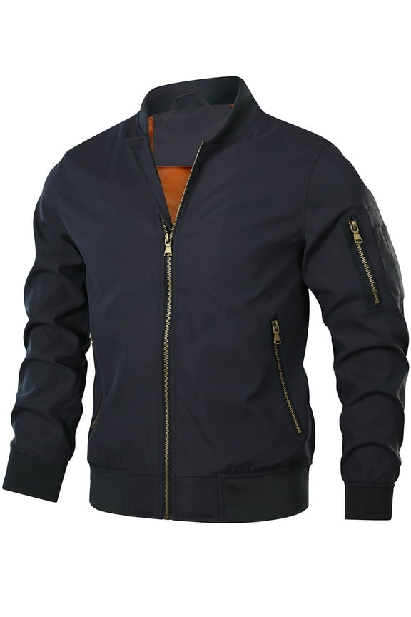 Men's Bomber Jacket Casual Zipper Coat Lightweight Long Sleeve Sportwear Windbreaker Navy M