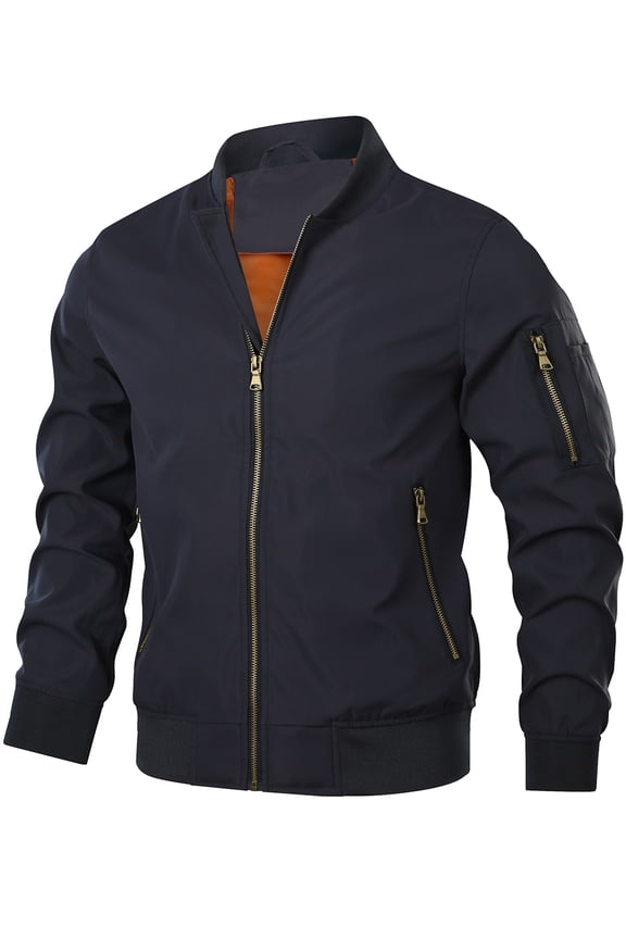 Men's Bomber Jacket Casual Zipper Coat Lightweight Long Sleeve Sportwear Windbreaker Navy S