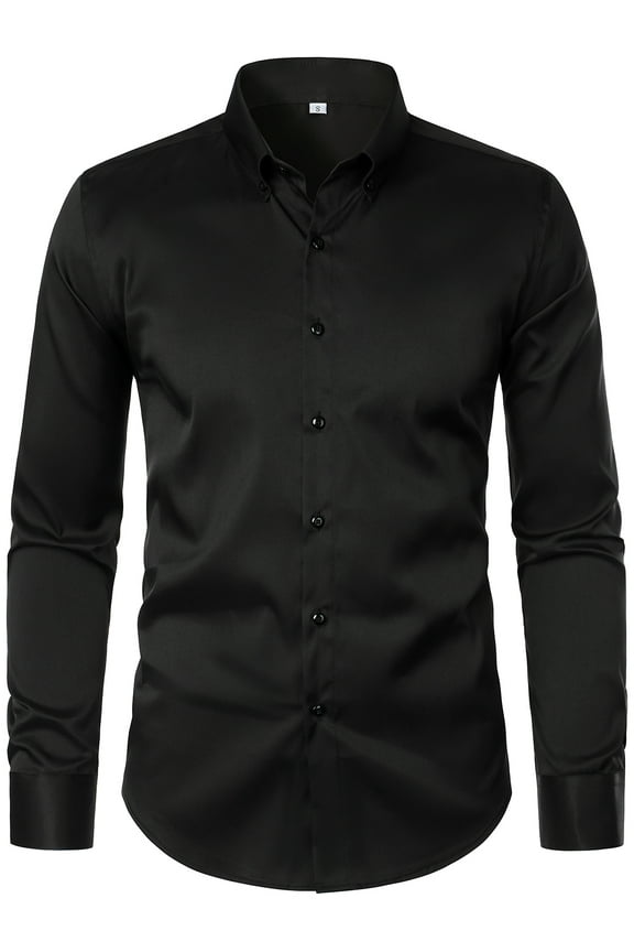 Men's Casual Dress Shirts Long Sleeve Button Turn Down Shirts Pure Color Black L