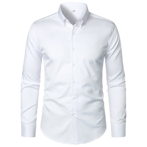 Hood Crew Men's Casual Dress Shirts Long Sleeve Button Turn Down Shirts Pure Color White 2XL