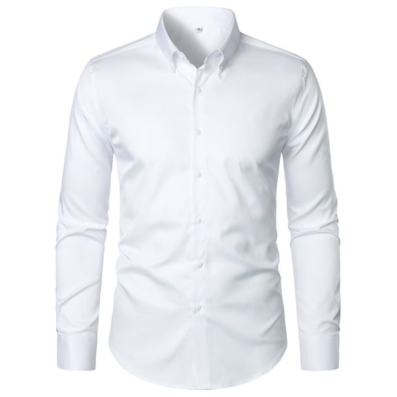 Hood Crew Men's Casual Dress Shirts Long Sleeve Button Turn Down Shirts Pure Color White L
