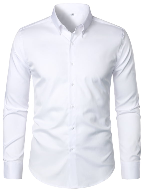 Men's Casual Dress Shirts Long Sleeve Button Turn Down Shirts Pure Color White L