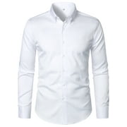 Hood Crew Men's Casual Dress Shirts Long Sleeve Button Turn Down Shirts Pure Color White XL