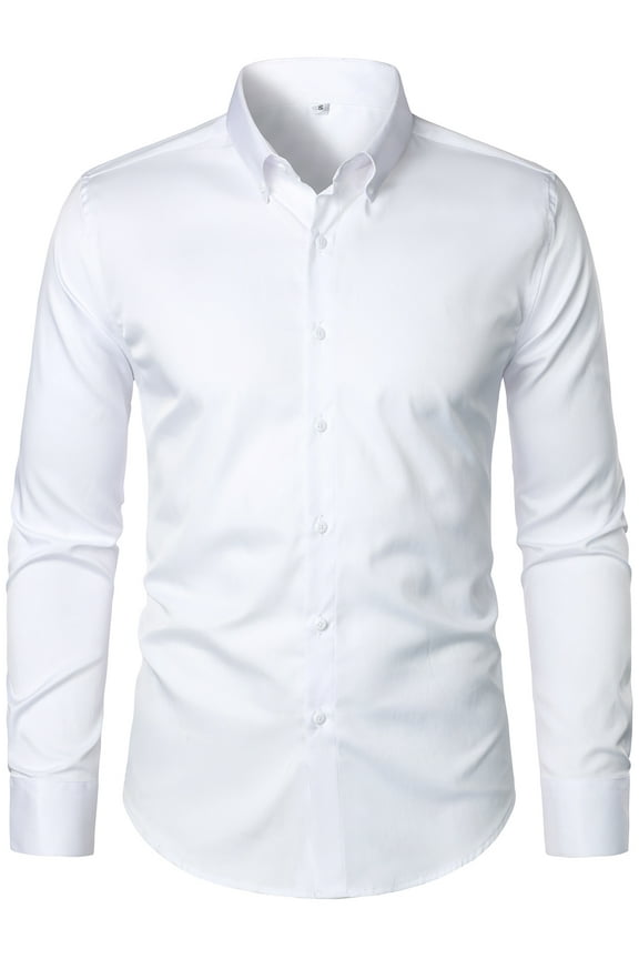 Men's Casual Dress Shirts Long Sleeve Button Turn Down Shirts Pure Color White XL