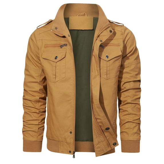 Hood Crew Men's Casual Jackets Windbreaker Outwear Cargo Bomber Jackets Full Zipper Mid Length Fall Spring Coats Khaki XL