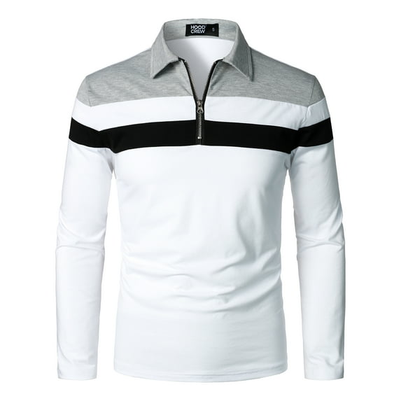 Hood Crew Men's Long Sleeve Polo Shirt Contrast Color Tops White S