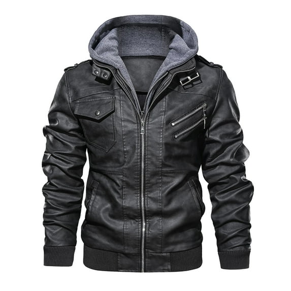 Hood Crew Men's Pu Faux Leather Jacket with Removable Hood Black L