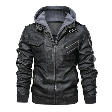 Hood Crew Men's Pu Faux Leather Jacket with Removable Hood Black S
