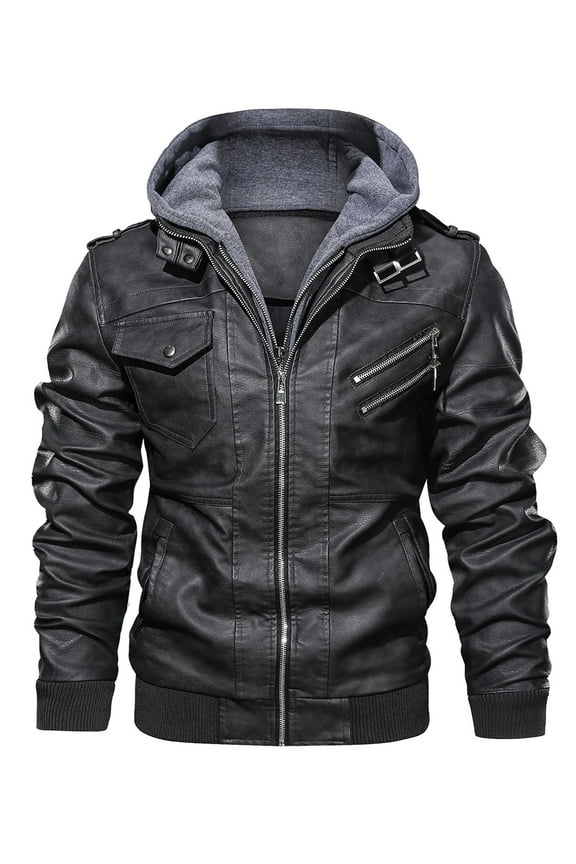 Men's Pu Faux Leather Jacket with Removable Hood Black S