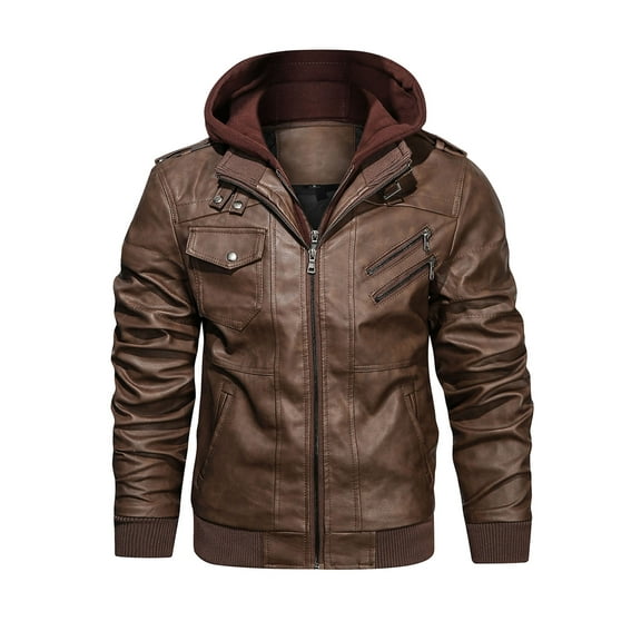 Hood Crew Men's Pu Faux Leather Jacket with Removable Hood Brown S