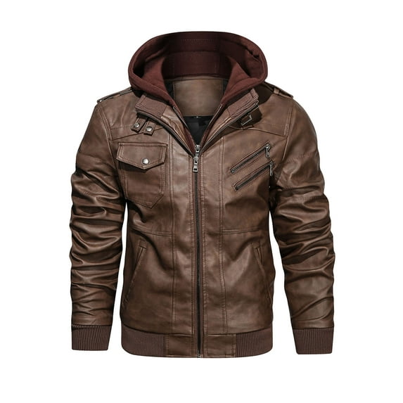 Hood Crew Men's Pu Faux Leather Jacket with Removable Hood Brown XL