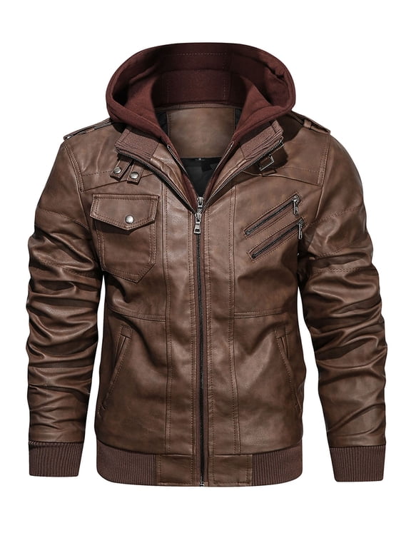 Men's Pu Faux Leather Jacket with Removable Hood Brown XL