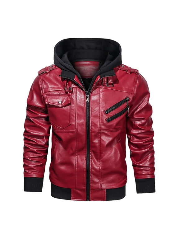 Men's Pu Faux Leather Jacket with Removable Hood Red L