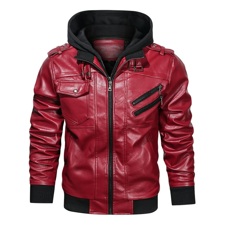 Hood Crew Men's Red PU Faux Leather Jacket, S Size with Removable