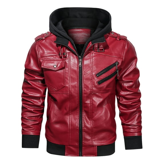 Hood Crew Men's Pu Faux Leather Jacket with Removable Hood Red XL