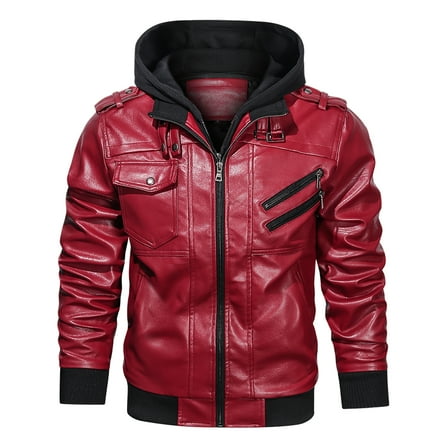 Hood Crew Men's Pu Faux Leather Jacket with Removable Hood Red XXL