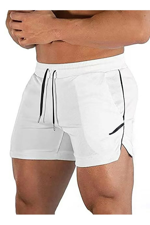Men's Workout Shorts Fitness Runing Gym Traning Shorts with Pockets White L