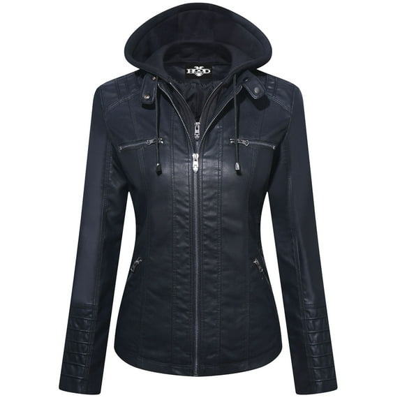Hood Crew Women's Long Sleeve Moto Biker Hooded Zipper Retro Faux Leather Jacket Black XXL